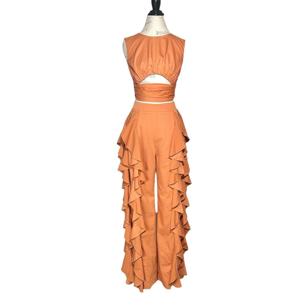BFYNE | Women | Dara Cascade Ruffle Orange Sleeveless Cropped Top Pant Set | S-M - Picture 2 of 15